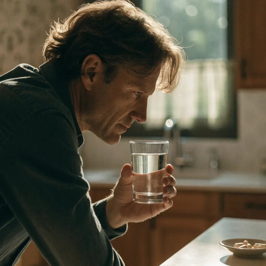 A man standing at a kitchen counter at dawn with a glass of water and an unlabeled dish of capsules nearby