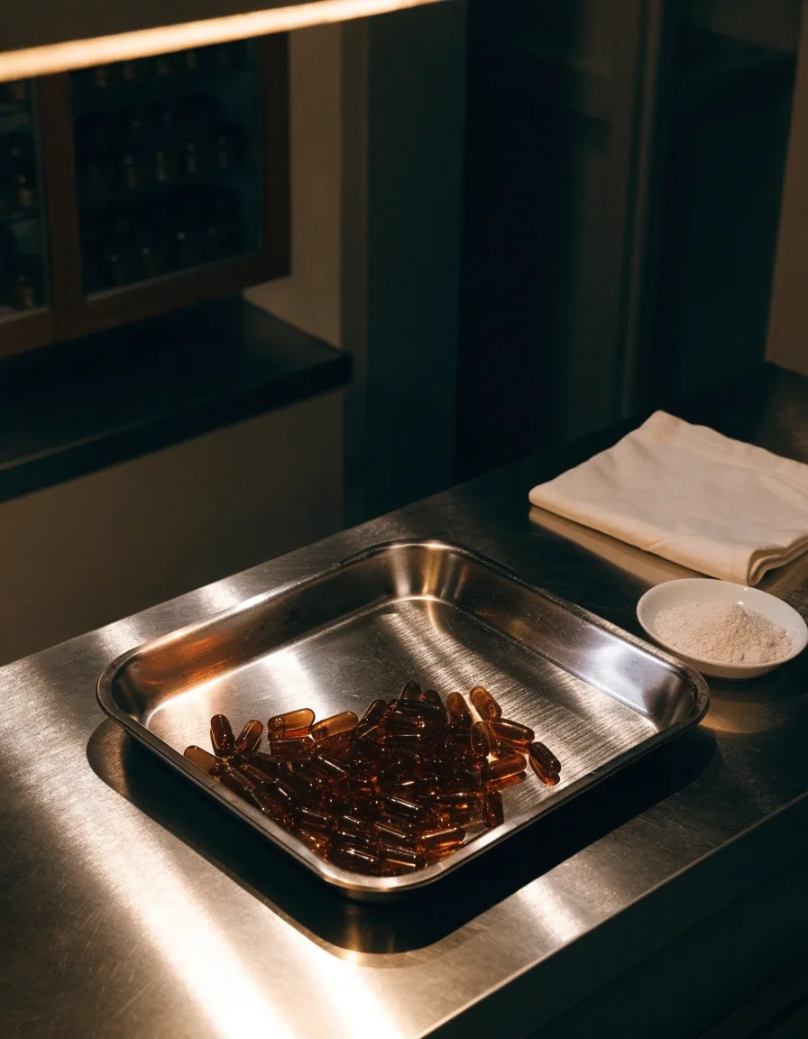 A row of plain unlabeled amber supplement bottles and a tray of blister strips on a dark apothecary counter at dusk