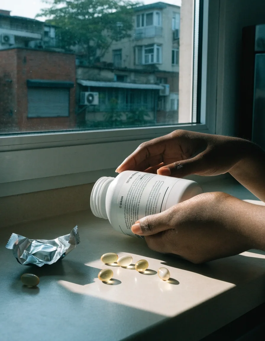 Two hands turning a plain white supplement bottle toward a kitchen window beside a blister strip and loose capsules on a matte counter