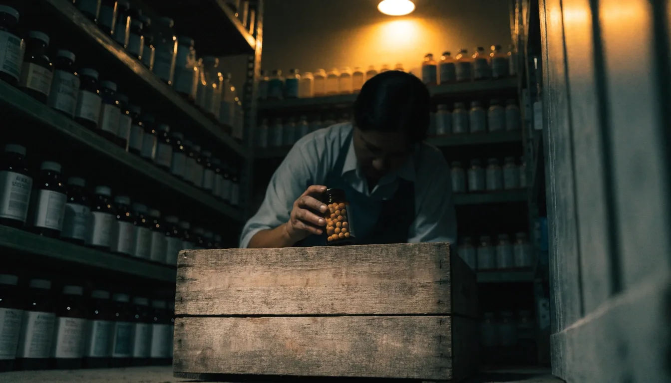 Apothecary counter at night with amber glass supplement jars under a single warm lamp