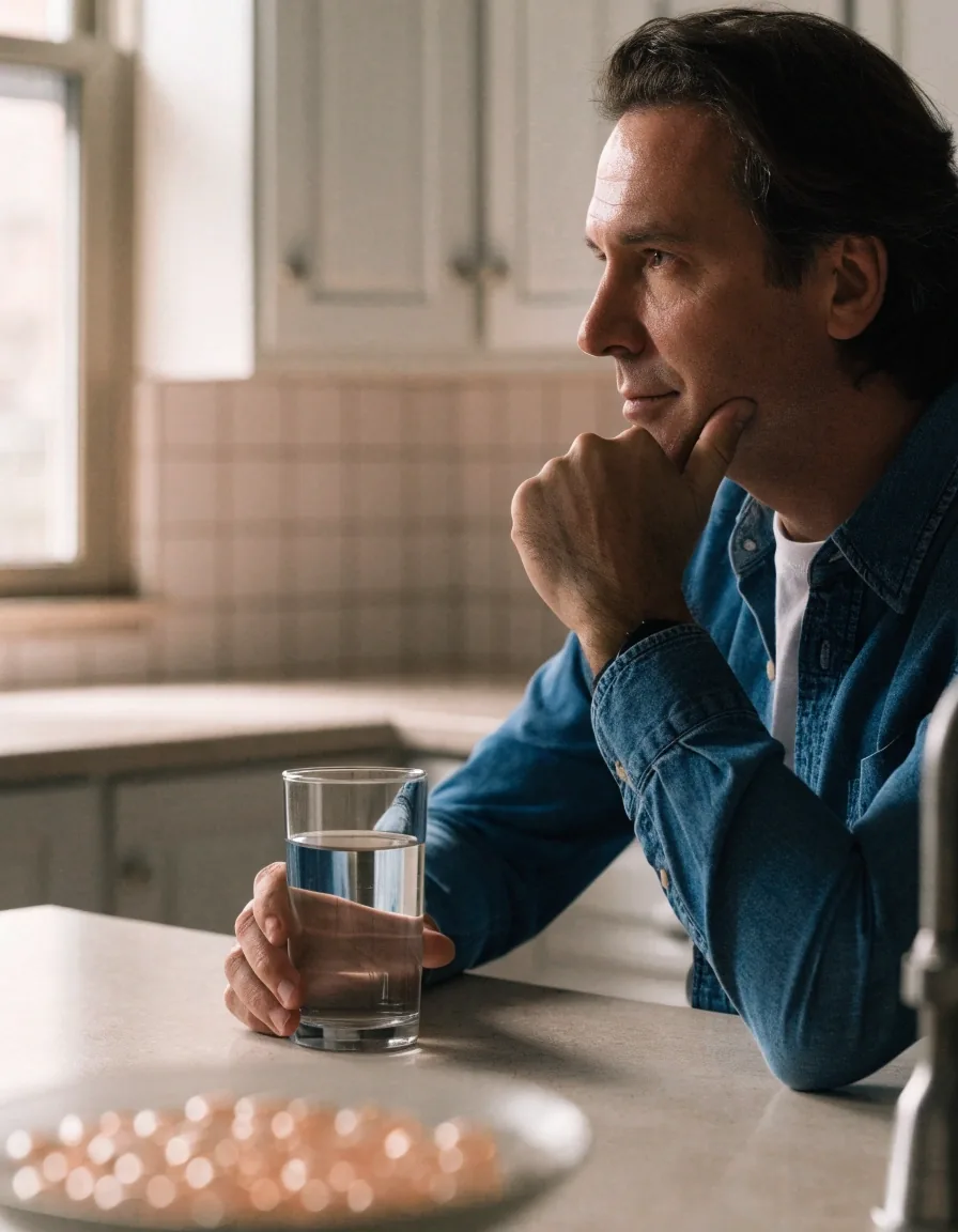 Man at a bright morning kitchen counter with a glass of water and an out-of-focus dish of capsules
