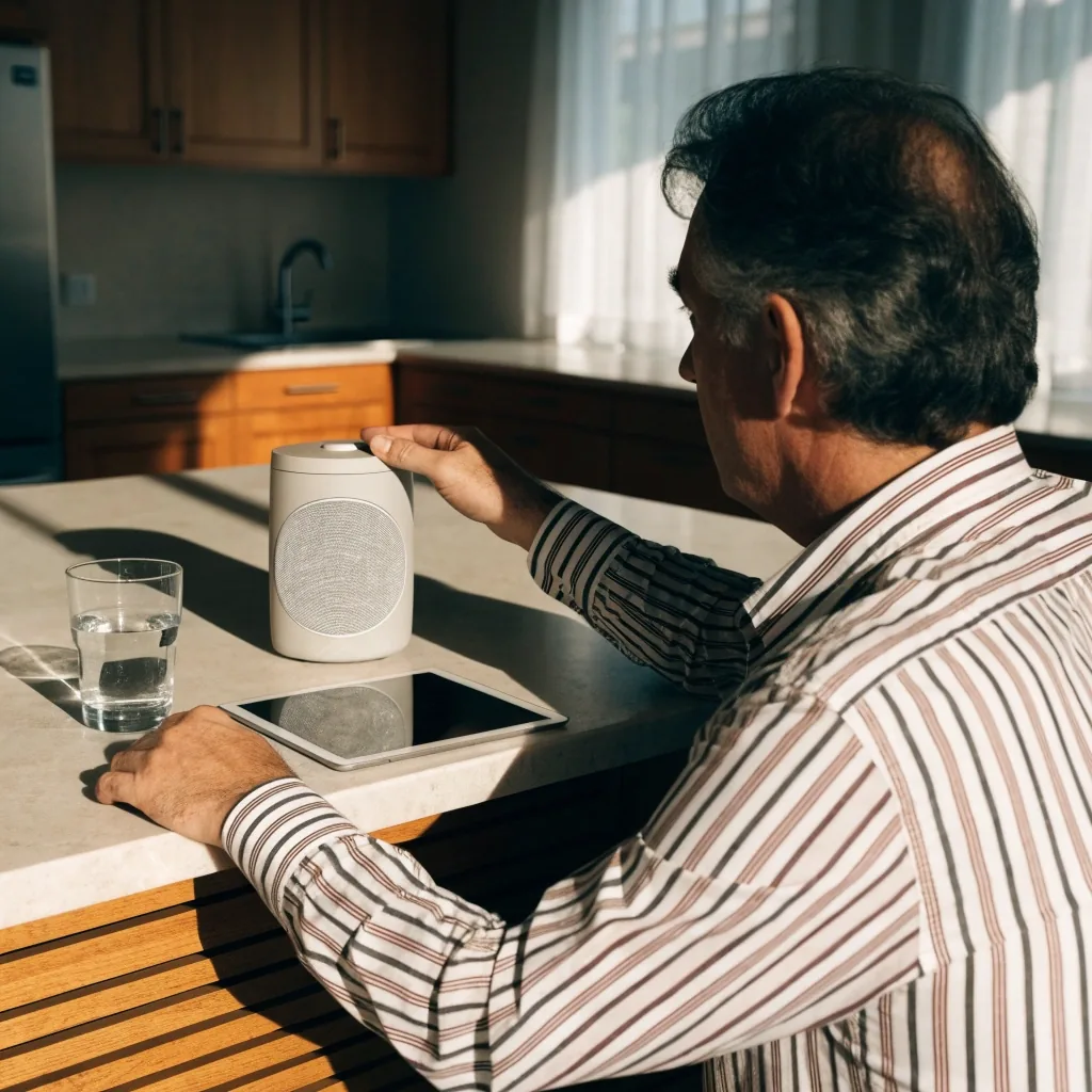 Man adjusting browser settings on a tablet at a bright kitchen counter