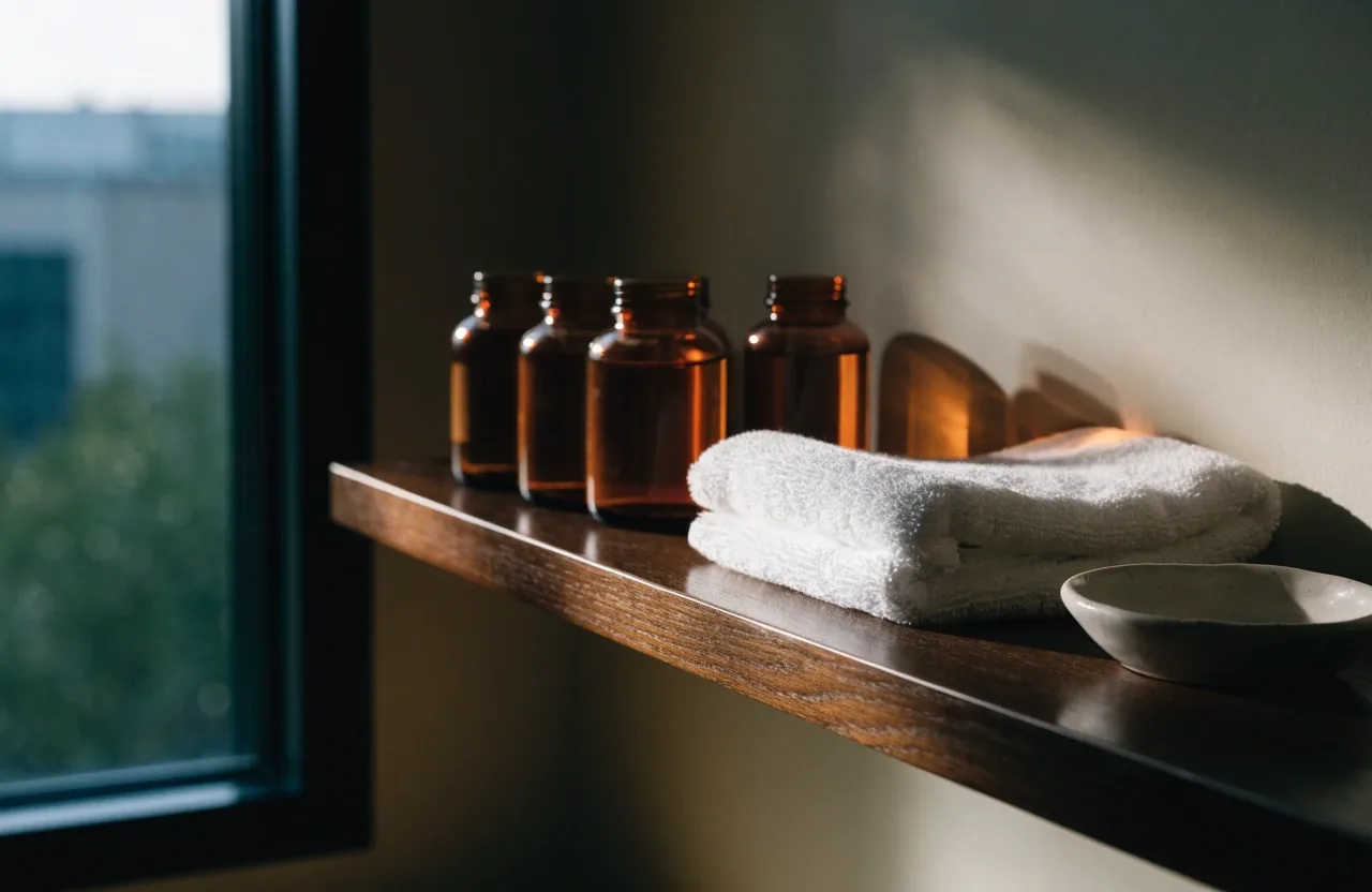 Unlabeled supplement bottles on a matte apothecary counter under a single amber lamp