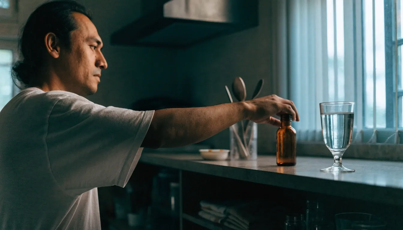 Man pouring water into a glass at a kitchen counter in the early morning with a small dish nearby