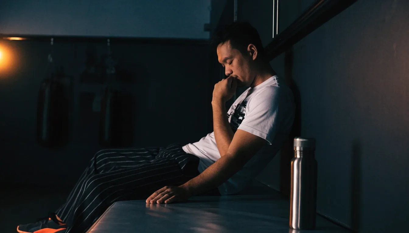 Man resting on a bench in a dark training room before sunrise with a water bottle beside him