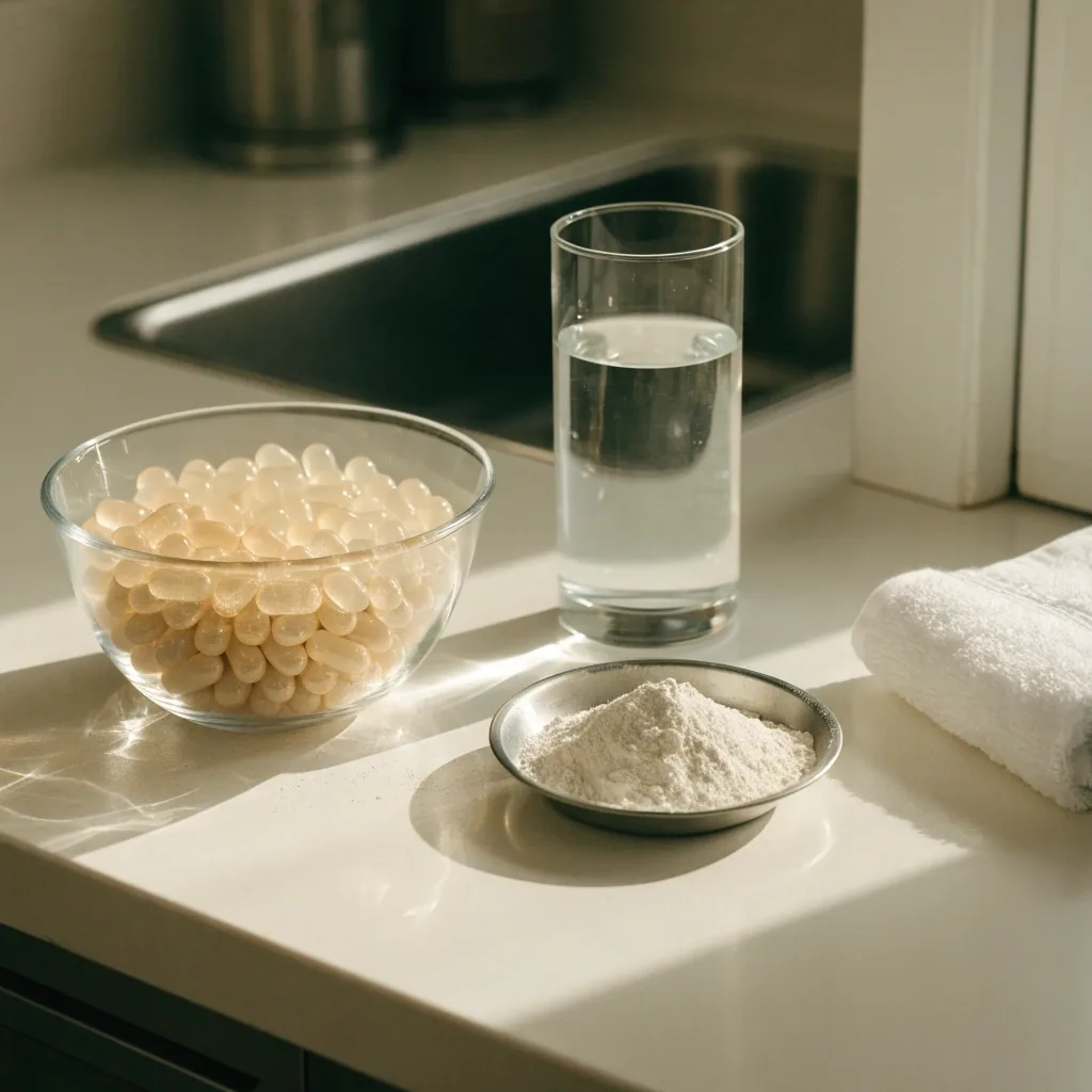 Unlabeled supplement contents in a glass dish beside a glass of water on a white surface