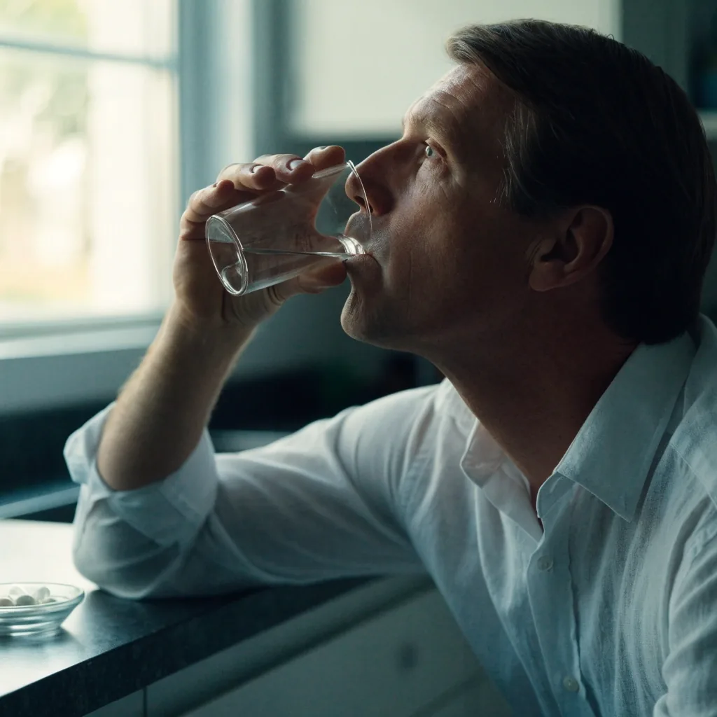 A man in his forties drinking a glass of water at a kitchen counter in the early morning