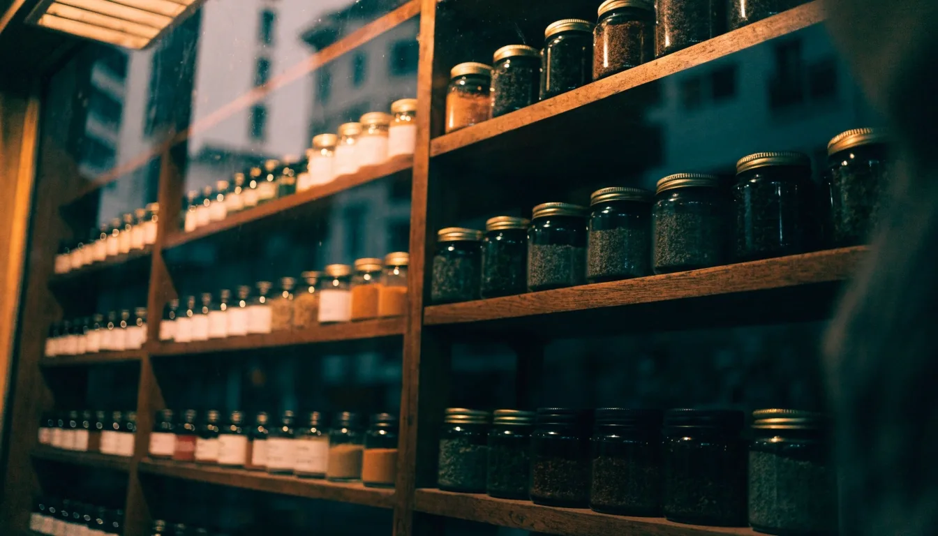 Rows of unlabeled supplement jars behind dark glass in a nighttime apothecary window