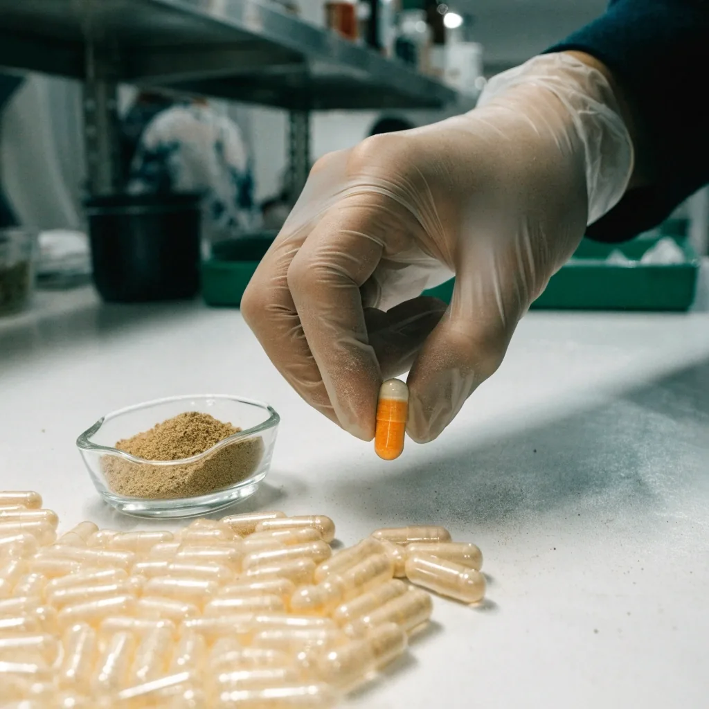 Glass dish of botanical extract powder beside loose capsules on a matte white surface