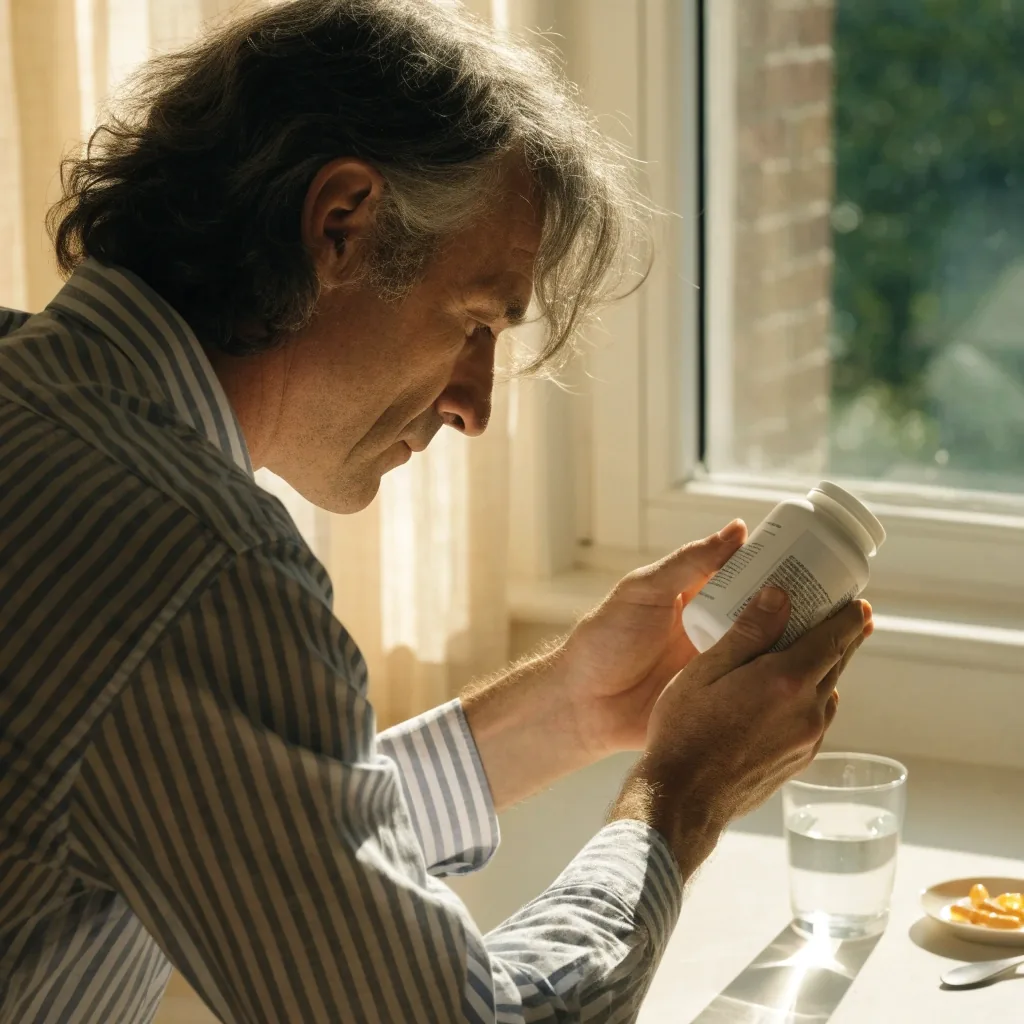 Man reading the side panel of an unlabeled supplement bottle at a bright kitchen window
