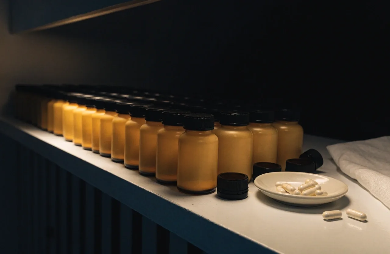 Matte counter at night with unlabeled vitamin bottles and one open capsule on a porcelain dish