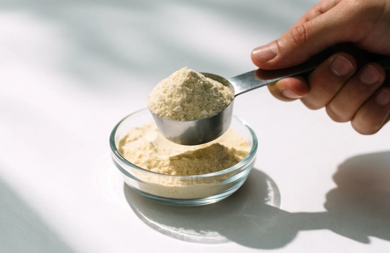 A small glass dish of pale vitamin powder with a steel measuring scoop on a matte white work surface