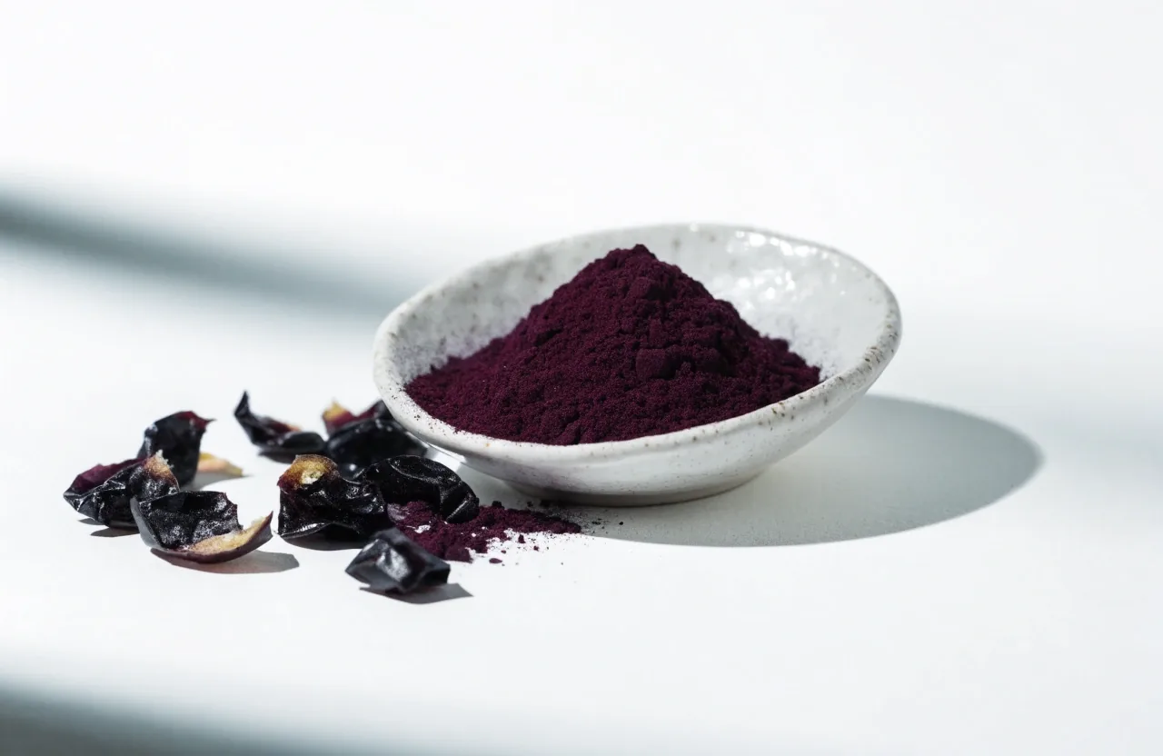A shallow dish of dark grape seed extract powder next to loose grape skins on a matte white surface