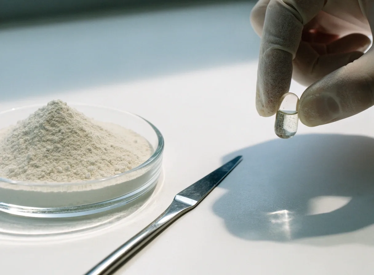 A glass dish of fine botanical extract powder with a steel spatula on a white work surface
