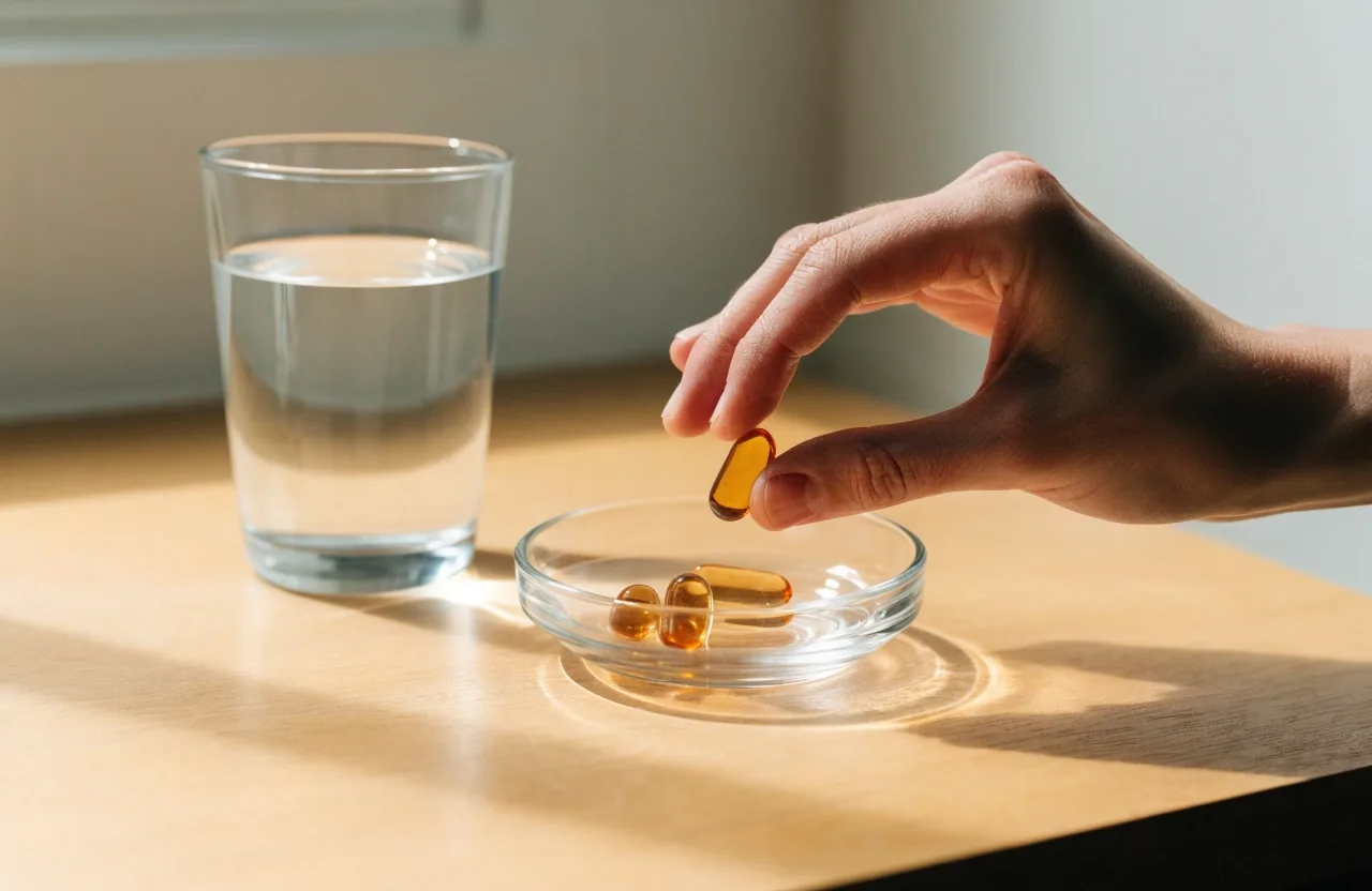 An uncapped bottle spilling amber softgel capsules onto a matte white surface