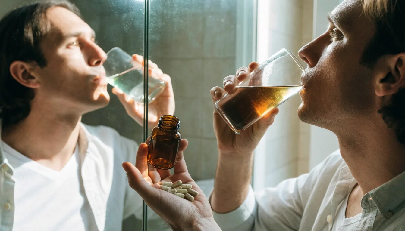 Hands holding a glass of water beside an unlabeled dish of capsules on a kitchen counter at dawn