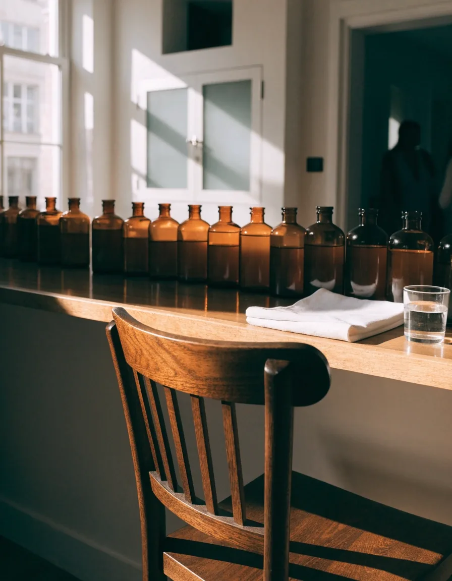 Unlabeled amber glass bottles lined up on a calm apothecary counter in soft daylight
