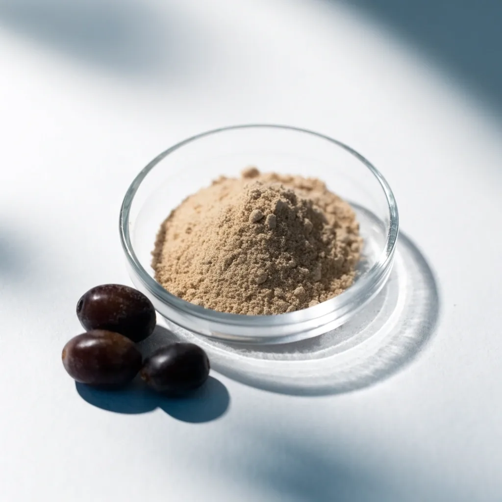 A glass dish of botanical extract powder and grape seeds on a white work surface