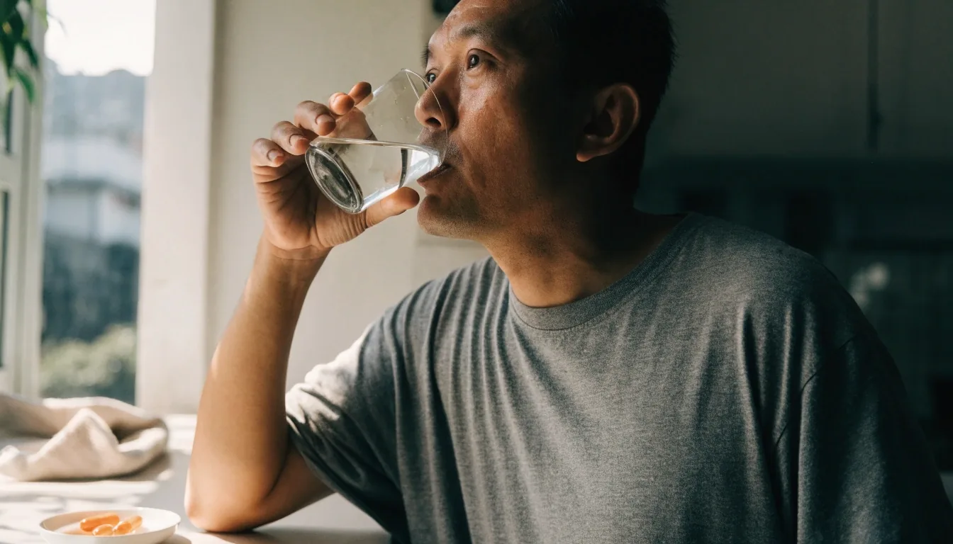A man drinking a glass of water at a kitchen counter in the morning, with a dish of capsules nearby