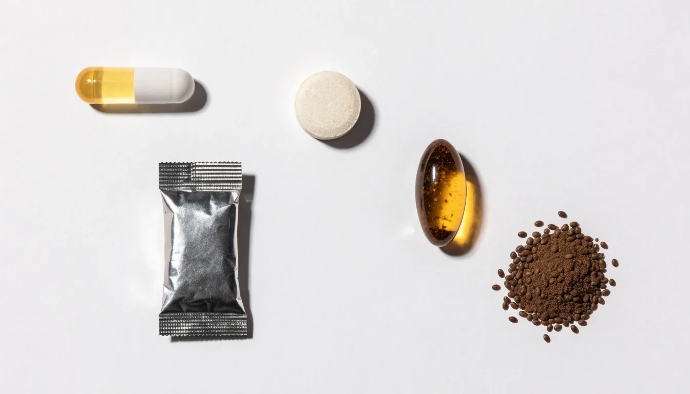 Five men's supplement formats — capsule, tablet, softgel, sachet and botanical powder — laid out on a matte white surface