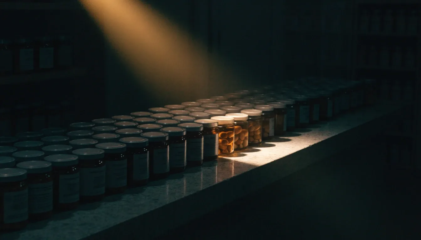 Darkened apothecary counter with rows of unlabeled amber supplement jars under one shaft of sodium light