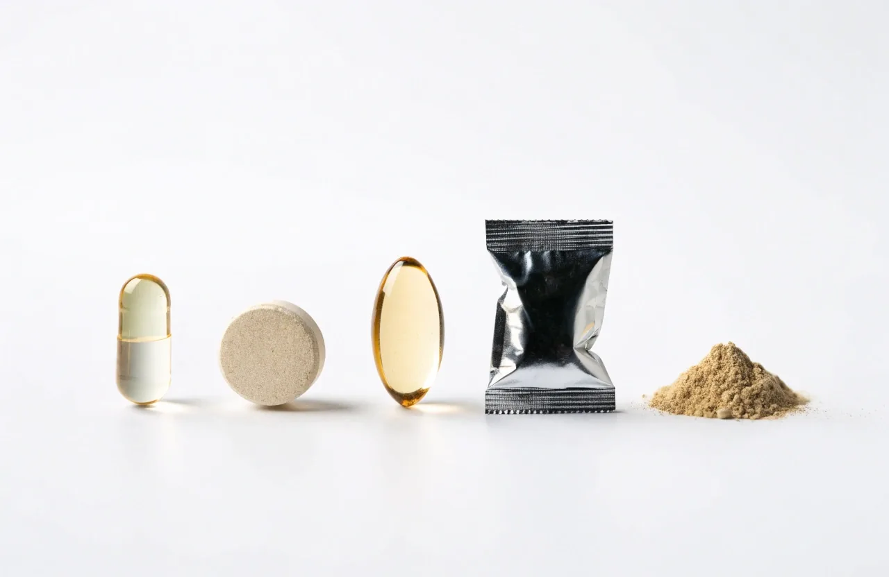 Five unlabeled supplement formats laid out with wide spacing on a matte white surface