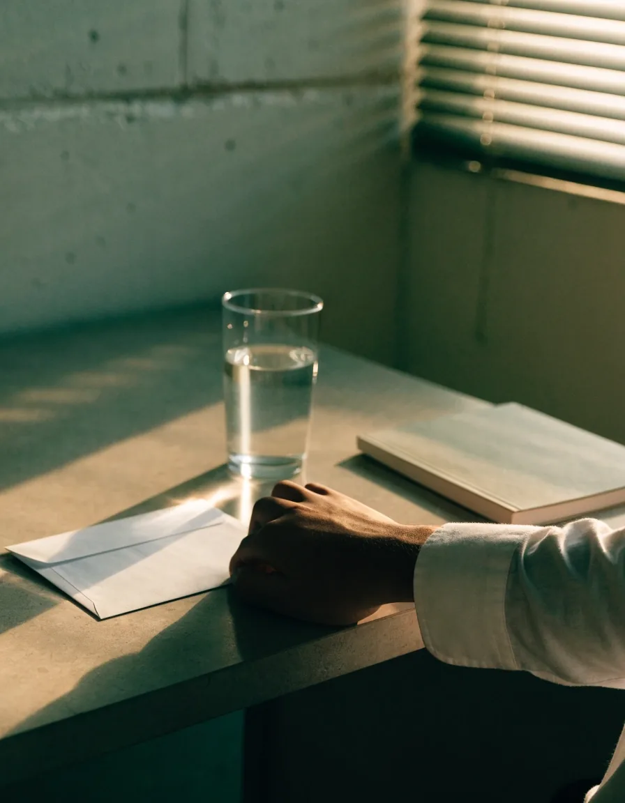 Late-afternoon desk in a Jakarta office with a sealed plain envelope and a glass of water